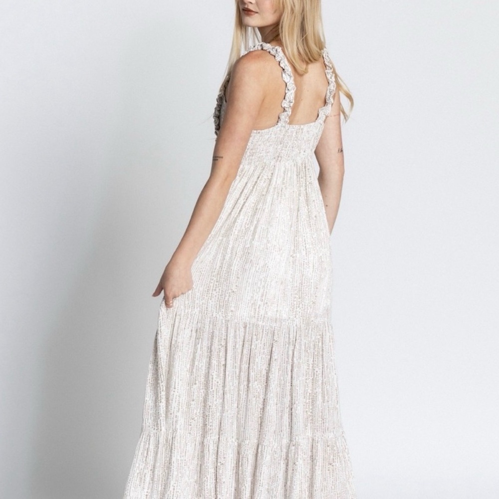 Endless Blu. Boho whimsy cottagecore smocked back. Brown and cream maxi dress. - Picture 3 of 9